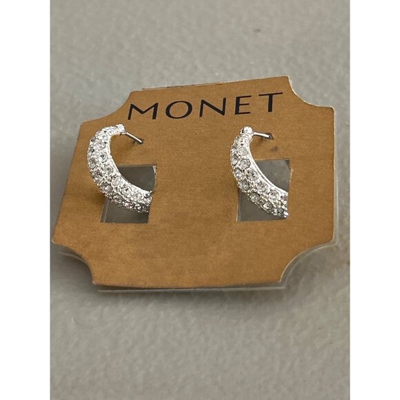 Monet Silver-Tone Crystal-Embellished Hoop Earrings Party Formal Glam - Picture 1 of 5
